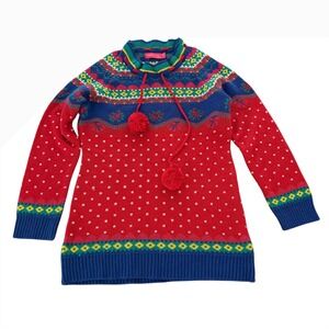 American Eye Kids 11-12YRS Red Blue Fair Isle Knit Tunic Sweater Poms Tassel